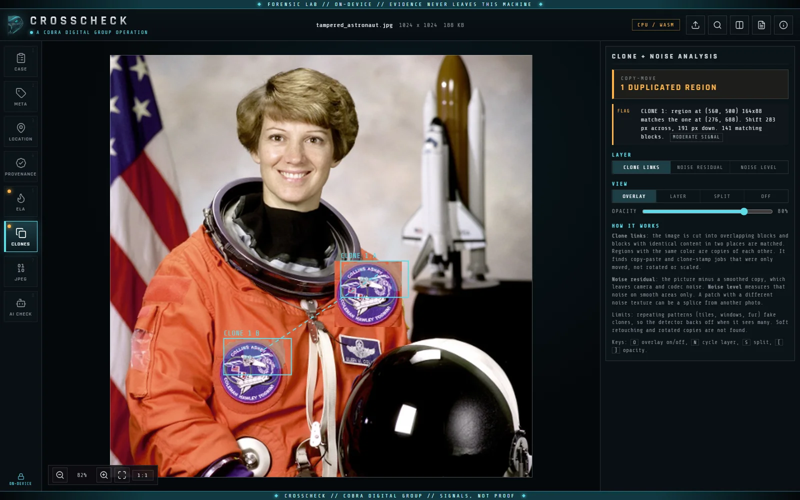 Crosscheck linking a cloned mission patch on an astronaut photo