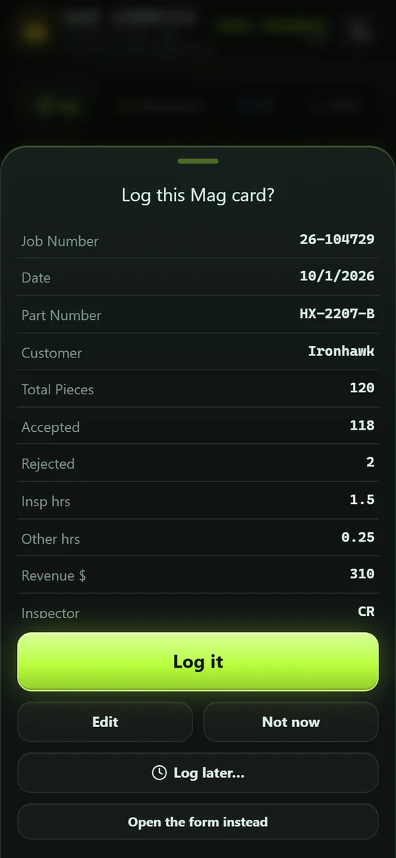 Ham Sammich confirm sheet listing every answer before it logs