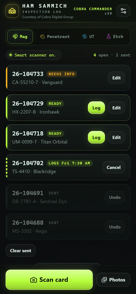 Ham Sammich card queue with ready, scheduled and sent cards
