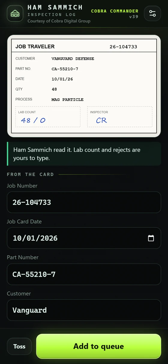 Ham Sammich review screen after reading a job card