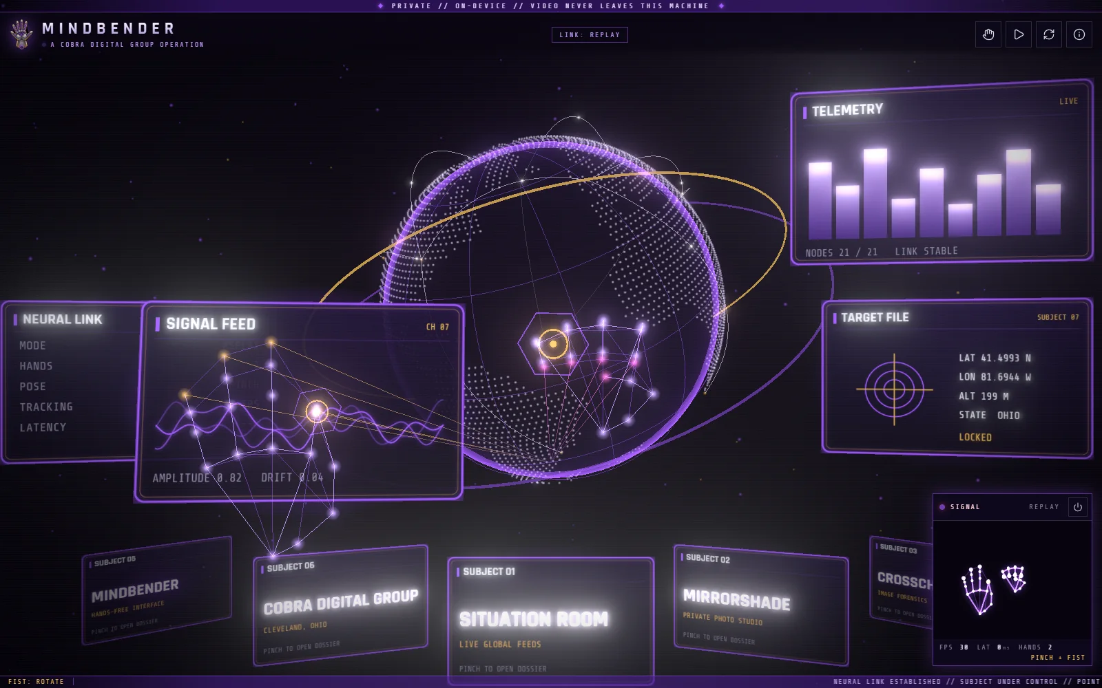 Mindbender holographic workspace with a tracked hand drawn as a violet lattice