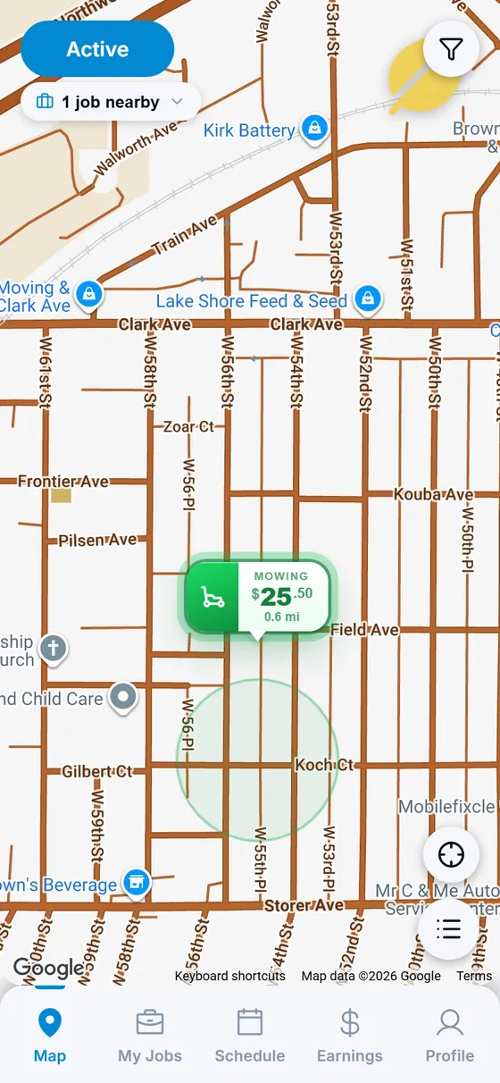 Neighbster worker map showing a nearby mowing job paying $25.50