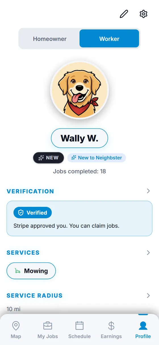 Neighbster worker profile with a verified badge