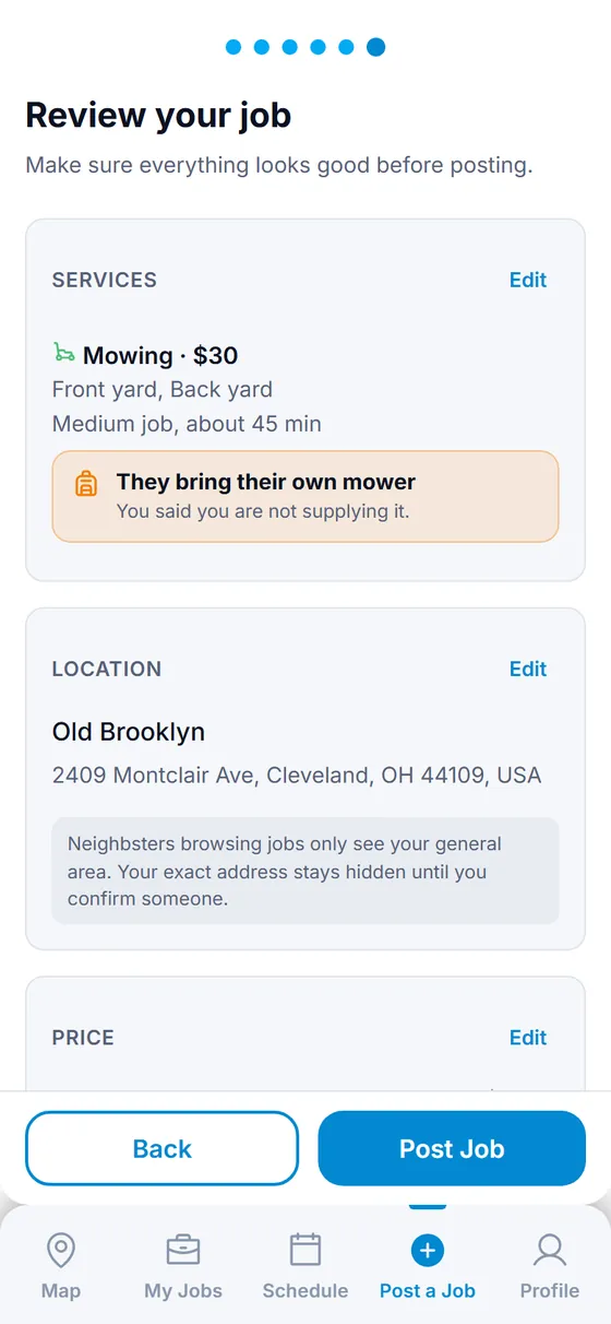 Neighbster job review screen before posting