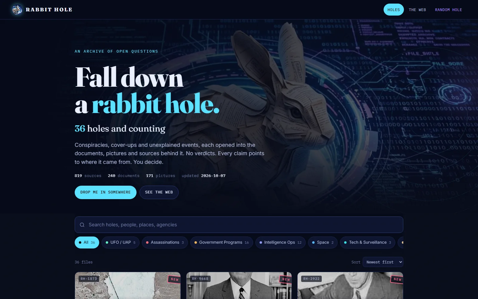 Rabbit Hole home page with the paper rabbit hero art