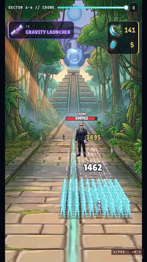 Swarm Shadow final boss fight on a jungle causeway below a pyramid and the mothership