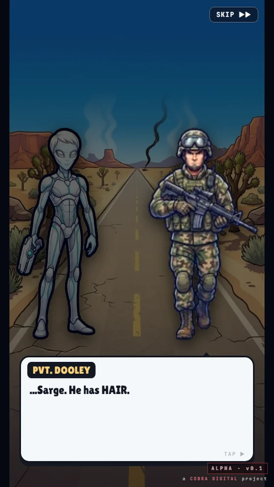 Swarm Shadow story scene: a soldier notices the alien has hair