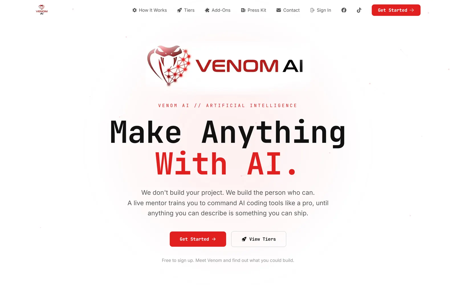 Venom AI homepage on desktop