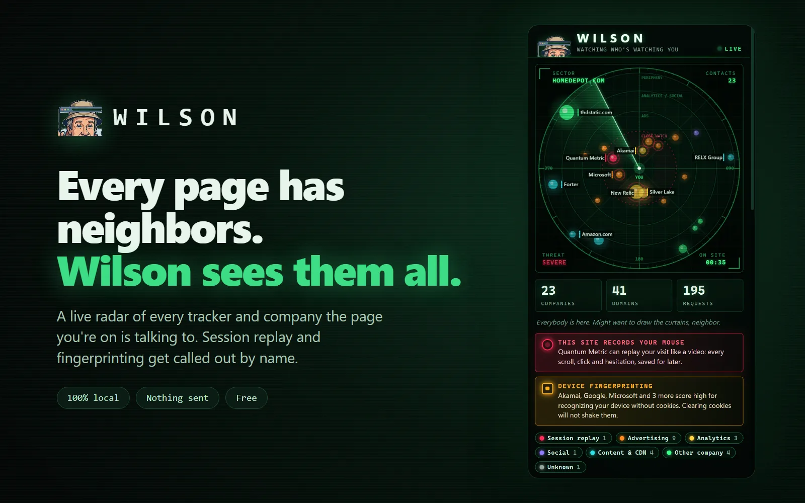 Wilson's radar in the Chrome side panel, flagging a session replay script