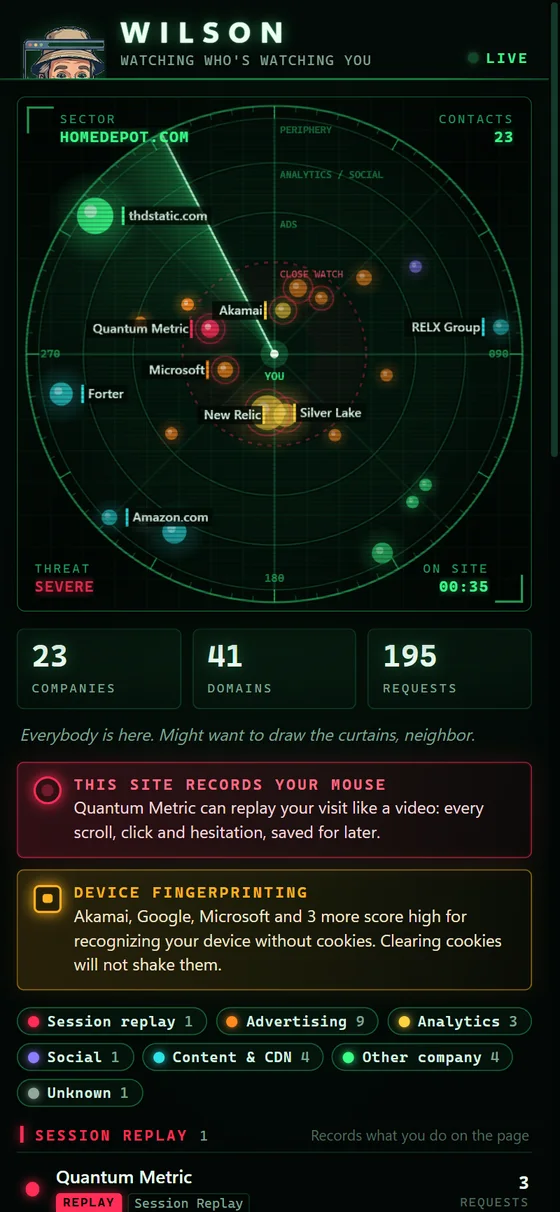 Wilson's radar in the Chrome side panel, flagging a session replay script and device fingerprinting