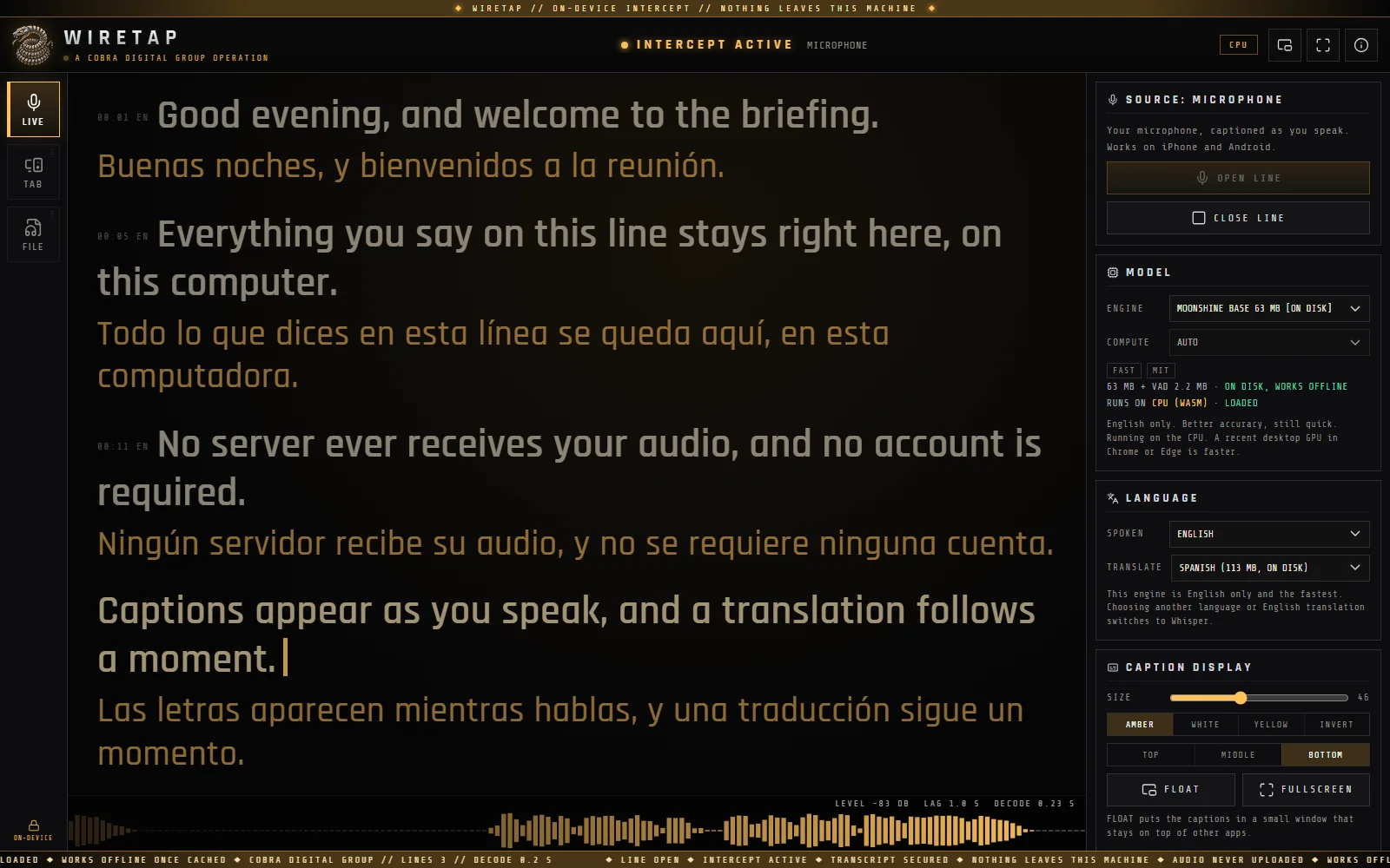 Wiretap captioning a speaker live with a Spanish translation under each line
